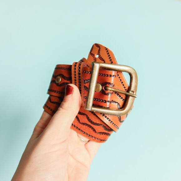 Brown Genuine Leather Western Handmade Embossed Decorative Belt One Size main image 4